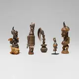 African and Oceanic, Collection of five objects, carved wood, bamboo, feathers, earthenware, hair, wicker