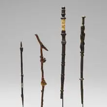 African, Collection of four staffs, carved wood, bone, metal