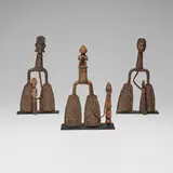 Bamileke, Currency gongs, set of three, metal, wicker, carved wood, rope