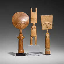 Asante, Akua‘ba fertility figures, set of three, carved wood, beads