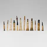 Indonesian, Collection of twelve lime powder containers, carved bone, carved wood, horn, fibers