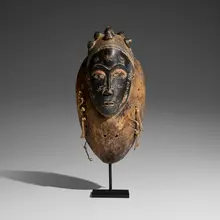 Baule, Mblo portrait mask, carved and painted wood, rope