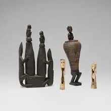 Indonesian, Collection of four objects, carved wood, bone, wicker