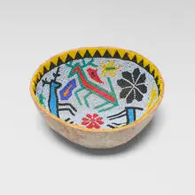 Huichol, Votive bowl, gourd, beads