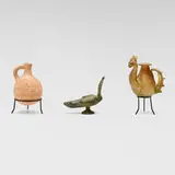 Roman, Collection of three objects, glass, bronze, ceramic