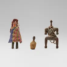 African, Figures, set of three, carved wood, beads, cloth, bamboo