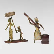 Benin style, Figures, set of two, bronze, brass, wood