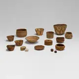 Native American, Collection of seventeen baskets, woven grass, sinew