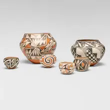 Collection of six vessels by Acoma Pueblo, painted earthenware, sold Dec 2025