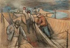 Harry Gottlieb, THREE PRINTS AND TWO DRAWINGS, each signed "Harry Gottlieb", This group contains two screen prints from the same series with an original drawing in charcoal and pastel; a colored screen print and a drawing in conte crayon