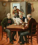 R. Houy, Men Playing Dominoes, Oil on canvas
