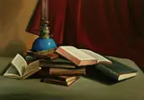 Giacomo Tabellini, Books and Lamp, Oil on canvas