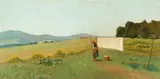 Luigi Salsiccioni Toci, Untitled, WOMAN HANGING LAUNDRY IN TUSCAN FIELD, signed lower right "Toci"; also signed on reverse with "Livorno (Italy)"; exhibit label dated "1965." Oil on canvas