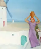 Honorio Herrera, Girl Carrying Jug with Windmill, Oil on canvas