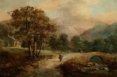 Robert Sanderson, Figures on Path Over Bridge, Oil on canvas