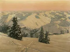 Friedrich A. Koko-Mikoletsky, Sunrise Over Snow Covered Peaks, Oil on canvas