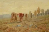 Charles Alfred Meurer, Cows to Pasture with Farmer, Oil on board