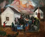 Laura Glenn Douglas, Untitled, FAMILY SCENE (FUNERAL), signed and dated lower right "Laura Glenn Douglas 1933." Gouache on paper on panel