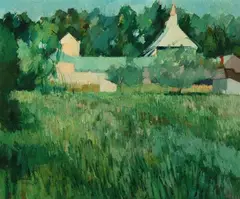 Taro Yashima, Green Field with Building, Oil on canvas