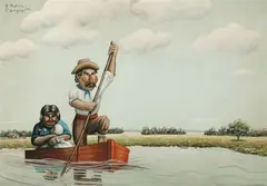 Man and Wife with Baby on the River in Rowboat by Florencio Molina Campos, Gouache on paper, sold Sep 2003