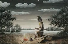 Florencio Molina Campos, Gaucho by Campfire with Guitar, Gouache on paper