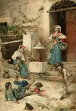 Dositeo, Children Playing and Women on Steps, Rome." Watercolor on paper