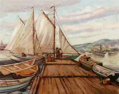 Arnold Brügger, Schooner at Dockside, Oil on canvas