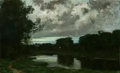 Victor Gilsoul, Sunset Over Pond and Chateau, Oil on canvas