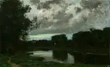 Victor Gilsoul, Sunset Over Pond and Chateau, Oil on canvas
