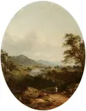 John William Casilear, Untitled, TRAVELER ON PATH IN EXTENSIVE LANDSCAPE, oil on canvas