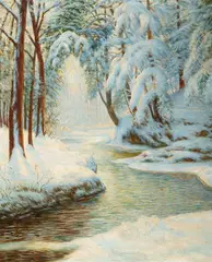 Walter Launt Palmer, Snowy Stream in Winter Light, Oil on board