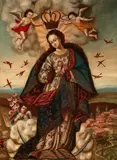Cuzco School, The Crowning of the Virgin, Oil on burlap