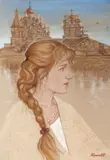 Anton Kumankov, Girl with Churches in Distance, Pastel and gouche on paper
