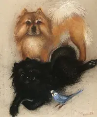 Yevgeny Kumankov, Cheerful Trio (Two Dogs and a Bird), Pastel and gouche on paper