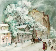 Yevgeny Kumankov, Winter Sleigh on Snowy Street, Oil on board