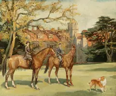L. Welch, Horseback Riders with Collie, Oil on canvas