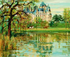Jean Monnerot, The Chateau with Horseback Riders in Park, Oil on canvas