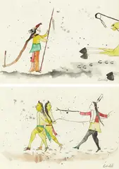 Randy Lee White, NATIVE AMERICAN AMERICAN SCENES: TWO LEDGER DRAWINGS, each signed "R, Pencil ink and watercolor on paper - each: 9 1/2 in. x 13 1/2 in