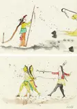 Randy Lee White, NATIVE AMERICAN AMERICAN SCENES: TWO LEDGER DRAWINGS, each signed "R, Pencil ink and watercolor on paper - each: 9 1/2 in. x 13 1/2 in