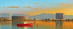 Simon Harling, Evening Light, OAKLAND COLOSSEUM FROM ALEMEDA, oil on canvasboard