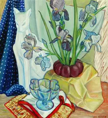 Lee Atkyns, Still Life with Cat and Irises, Oil on canvas
