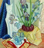 Lee Atkyns, Still Life with Cat and Irises, Oil on canvas
