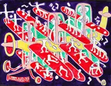 Yvon Taillandier, AVION S'APPUYANT SUR L'AIR à L'AIDE de SEPT PLANS BEIN HABITES, Acrylic on canvas