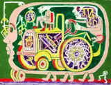 Yvon Taillandier, TRACTEUR à PROPOLSION CENTAURIQUE ENFORME DANS UN AMEOELO à SIX FALTES ET DEUX ROVES (?), Acrylic on canvas