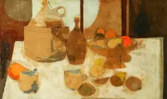 Samuel Fischer, Lemons and Jug, Oil and paper collage on masonite