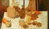 Samuel Fischer, Lemons and Jug, Oil and paper collage on masonite