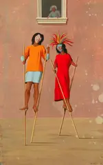 Figures in Masks on Stilts by Aldo Pagliacci, Oil on masonite, sold Mar 2004