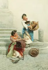 Federico Ballesio, Two Girls Roasting Chestnuts, Watercolor
