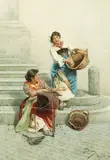 Federico Ballesio, Two Girls Roasting Chestnuts, Watercolor