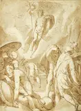 Pierre David Olivier, Untitled, BATTLE SCENE WITH TRIUMPHANT ANGEL, pen and ink drawing